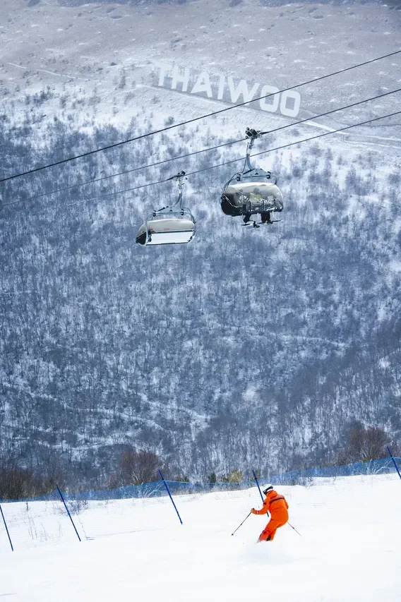 A skier beneath chairlifts and the Thaiwoo sign on a snowy hillside