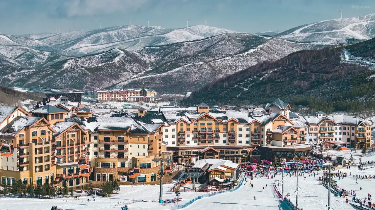Thaiwoo village buildings and gondola beside a busy ski slope