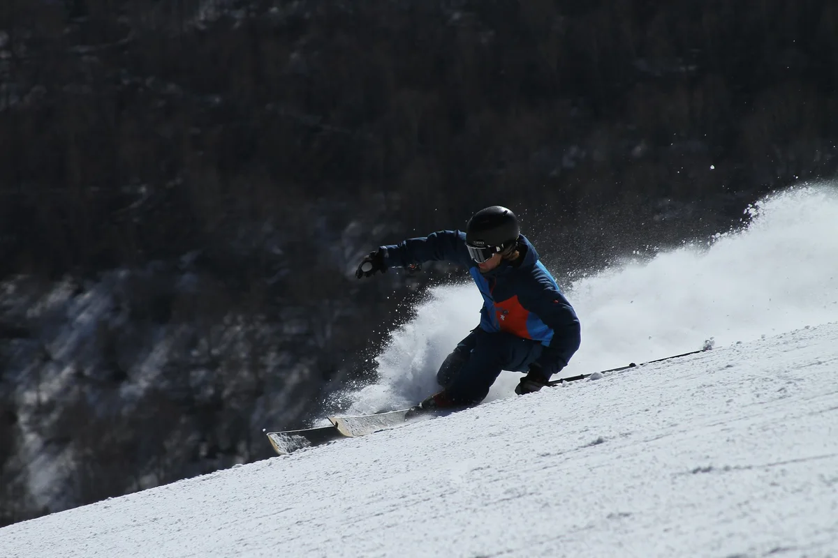 Skier carving through snow beside the trees at Thaiwoo